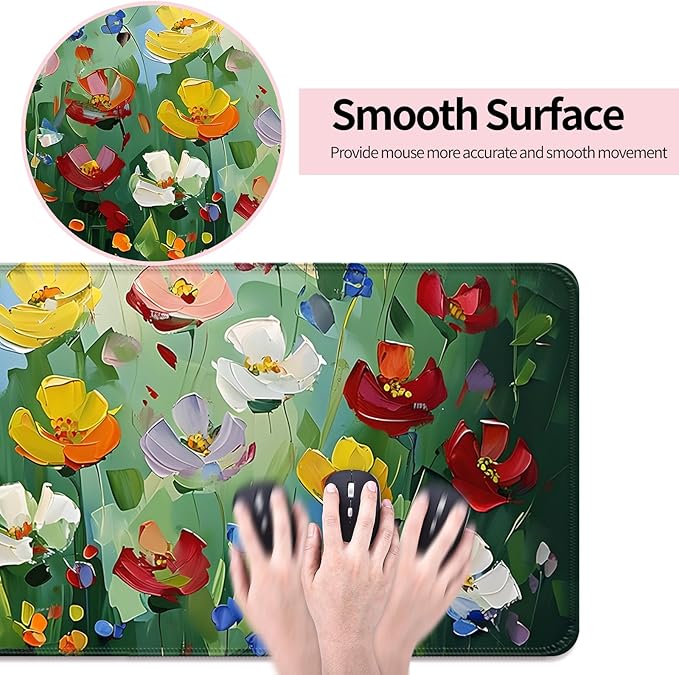 Abstract Green Wildflower Gaming Desk Mat, Computer Keyboard Large Extended Long Floral Mouse Pad for Office and Home, XL (W23)