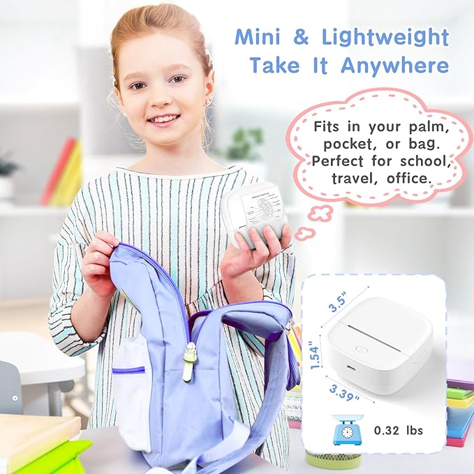 JD-23 Sticker Printer, Mini Portable Thermal Printer Print Pod, Inkless Bluetooth Label Maker with Smart App for Phone & Tablet for Office & Home Use, 2 Rolls Sticker Paper, White