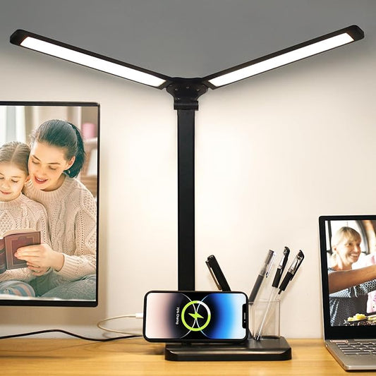 Qooltek Touch Control LED Desk Lamp, Table Lamp with 5 Color Modes Dimmable Brightness for Home Office, Dual Swing Arm USB Charging Port Desk Light, Eye-Caring Reading Light with Pen Holder, Black