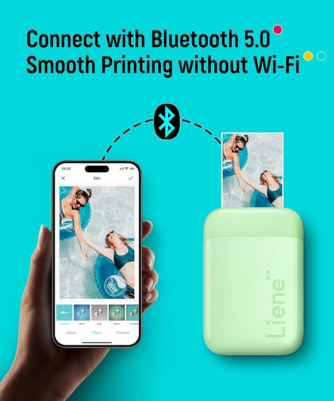 Liene Photo Printer, 2x3” Mini Portable Instant Photo Printer Bundle w/ 50 Zink Adhesive Paper, Bluetooth 5.0, Compatible w/iOS & Android, Small Color Mono Picture Printer for iPhone, Smartphone Green