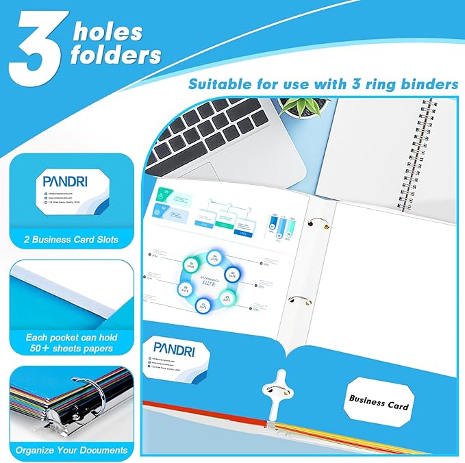Two Pocket Portfolio Folders, PANDRI 60 Pack 3 Hole Punched 2 Pocket Folders for 3 Ring Binder, Letter Size Paper File Folder for School Office Home Business, Lightblue