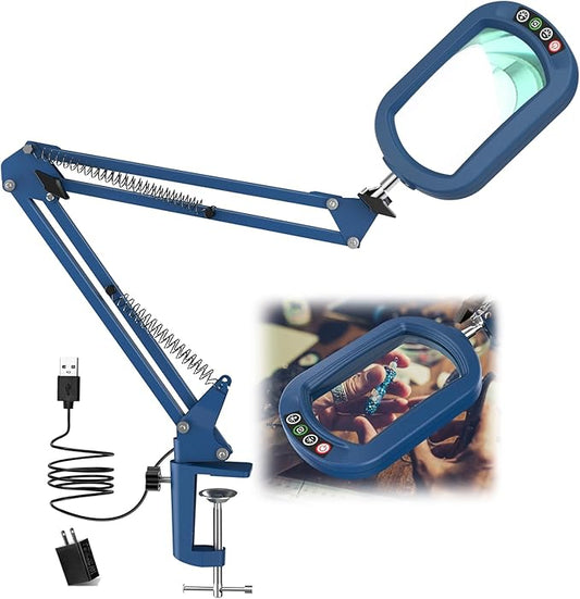 10X Rectangle Magnifying Glass with Light, 5 Color Modes Stepless Dimmable Magnifier with Stand, LED Lighted Clamp Desk Lamp with Swing Arm, Hands Free for Reading Painting Close Work - Blue