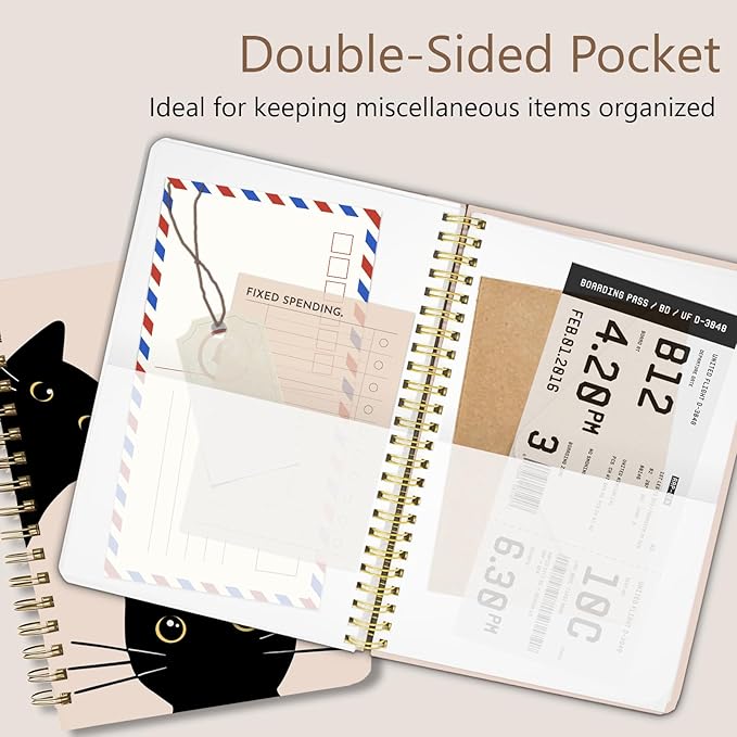 Cute Spiral Notebook journal A5 Aesthetic Pretty Floral Design for Women Girls Kawaii with Pocket, 8.5 x 5.7 inch, Black Cat