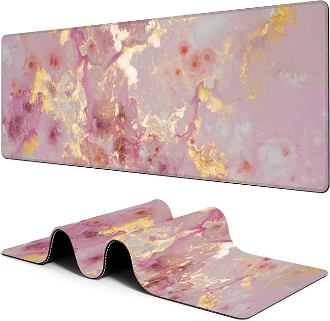 Pink and Gold Abstract Mouse Pad Desk Mat XL Large Gaming Mousepad Extended Computer Keyboard Mat with Non-Slip Rubber Base and Stitched Edge 11.8 x 31.5 Inch for Gaming and Office Work