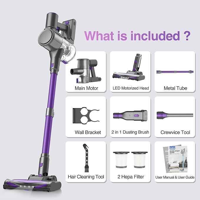Zefiro Cordless Vacuum Cleaner for Home,450W /40Kpa 50Mins Stick Vacuum,Anti-Tangle 1.5L Dust Cup, Rechargeable Wireless Handheld Vacuum for Pet Hair/Carpet/Floor