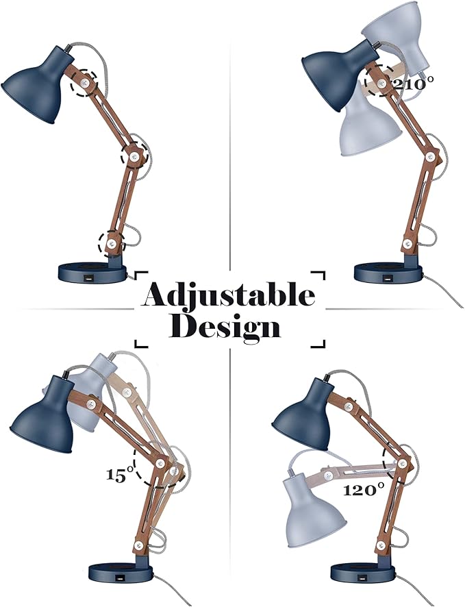 ELYONA Sapele Wood Desk Lamp with Upgraded Wireless Charger, Swing Arm Table Lamp with USB C Charging Port, Reading Task Light for Bedroom, Dorm, Office, Living Room, LED Bulb Include, Modern Blue