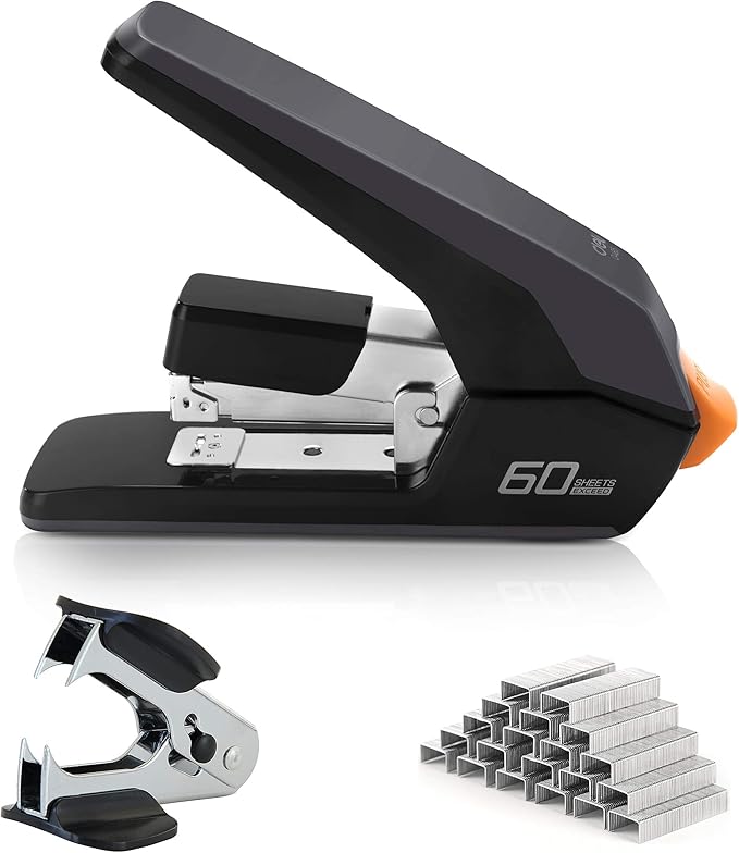 Deli Effortless Heavy Duty Stapler, One Touch Stapling, Easy to Load Ergonomic Stapler, 60 Sheet Capacity, Includes 2000 Staples and Staple Remover for Desktop