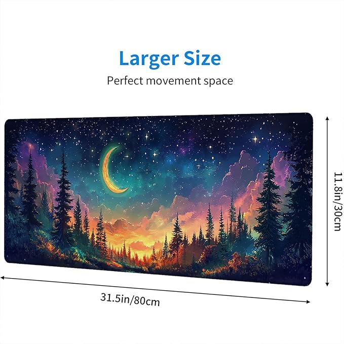 Moon Night Desk Pad Starry Sky Forest Landscape Fantasy Galaxy Extended Gaming Mouse Pad Mat with Stitched Edge Non-Slip Base Big Office Computer Keyboard Laptop Home 31.5"x11.8"