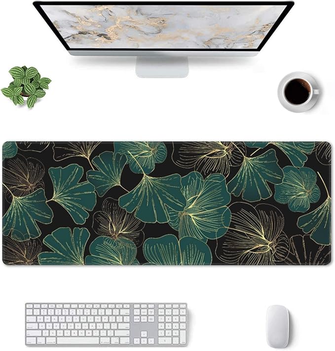 Ginkgo Leaf Large Mouse Pad, Gaming Desk Mat, XL Keyboard Desk Pad Mat for Desktop, 31.5"x11.8" Non-Slip Base Big Mousepad with Stitched Edges