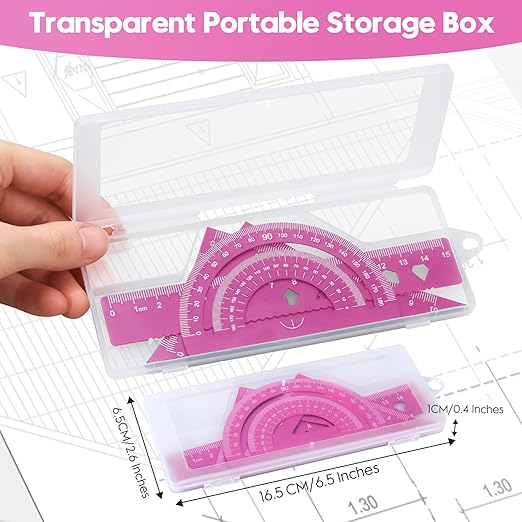 MSDADA Triangle Ruler, Protractor, Square and Ruler Set, 4 Pieces Aluminum Alloy Ruler, Metal Drafting Ruler Kit, Geometric Protractor for Student, School, Home, Office (Pink, 15cm/5.9inch)