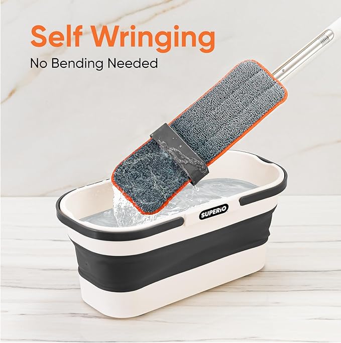 Superio Self-Wringing Microfiber Cleaning Mop with Hands-Free Wringing Blade and 2-Pack Reusable & Washable 8" x 4.5" Microfiber Mopping Pad for Home, Kitchen, Bathroom, Streak-Free Cleaning