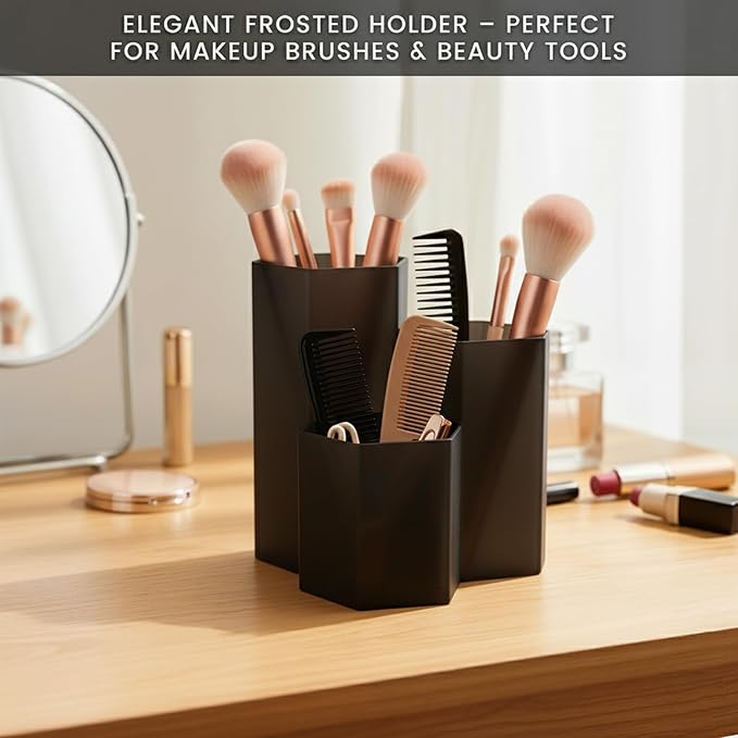 Black Pen Holder for Desk | 3 Compartment Organizer Desk for Pen, Pecils, Makeup Brushes, Tooth Brushes | Cute Pencil Cup Desk Organizers and Accessories for Office, Home, Classroom, Teacher Desks