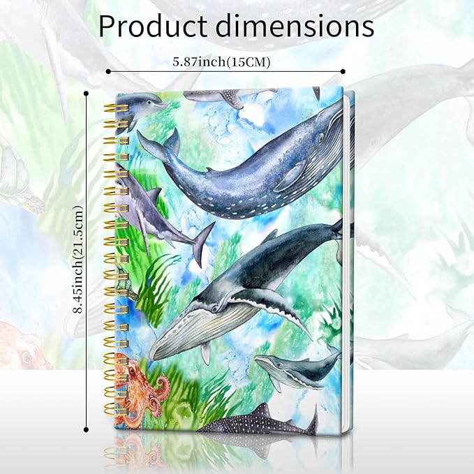 Spiral Journal Notebook, Hardcover Lined Journal for Women, Medium 6 x 8.4 in, 120 Pages Thick Paper, College Ruled Notebook for Writing, Work, Office, and School,Colorful Whale Ocean Animal