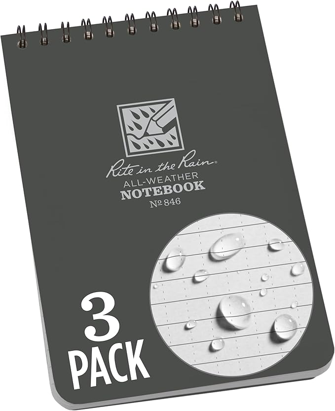 Rite in the Rain Weatherproof Top-Spiral Notebook, 4" x 6", Gray Cover, Universal Pattern, 3 Pack (No. 846-3)