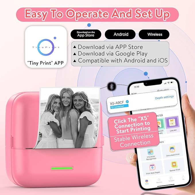 HuiJuKeJi Mini Sticker Printer Bluetooth Smart Pocket Inkless Thermal Printer with 11 Rolls Thermal Paper and Sticker for iOS&Android, Portable Receipt Printer for Photo Note Memo (Rose)