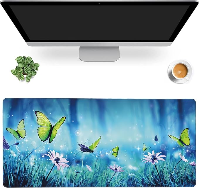 MIOAOSRT Desk Mat,Butterflies in Mystic Forest Large Gaming Mouse Pad with Stitched Edges,Non-Slip Computer Mouse Pad for Desk,Extended XXL Keyboard and Mouse Pad 35.4x15.75 in