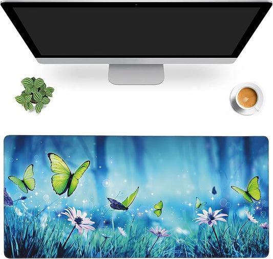 MIOAOSRT Desk Mat,Butterflies in Mystic Forest Large Gaming Mouse Pad with Stitched Edges,Non-Slip Computer Mouse Pad for Desk,Extended XXL Keyboard and Mouse Pad 35.4x15.75 in