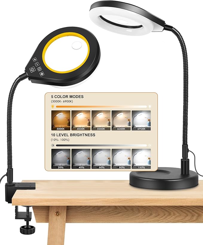 Flexible Gooseneck 2-in-1 Magnifying Glass with Light and Stand,10x & 5x Real Glass Lens Magnifying Lamp, 5 Color Stepless Hands-Free LED Desk Lamp with Clamp for Painting, Crafts, Reading (Yellow)