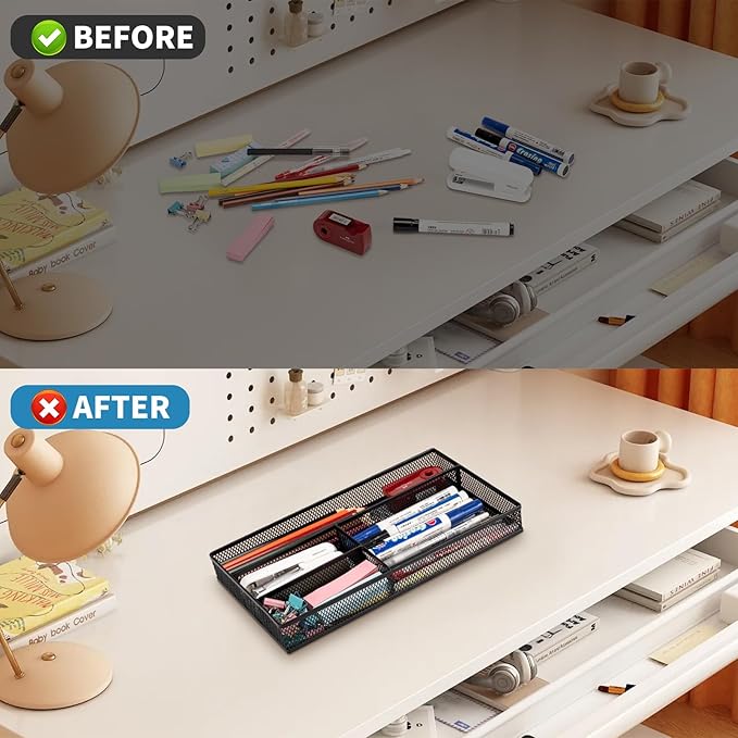 Desk Drawer Organizer Tray,Drawer Organizer for Office and Home,Desk Organizer with Drawers,4 Compartments,Non-Slip Desk Organizers and Accessories for Stationery Makeup School (Black)