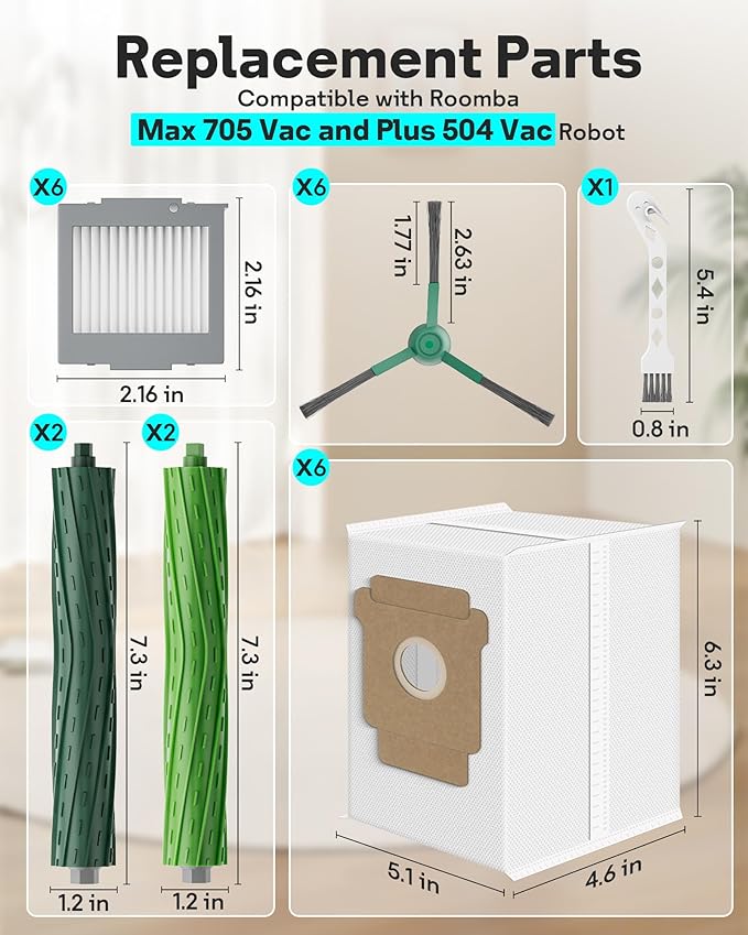 Leemone 23 Pcs Replacement Parts for iRobot Roomba Max 705 Vac & Plus 504 Vac Robot Vacuum, 705 Accessories Kit with 4 Main Roller Brushes, 6 Dust Bags, 6 Filters, 6 Side Brushes, 1 Cleaning Brush