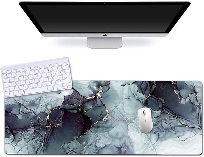 Extended Gaming Mouse Pad (31.5x11.8 in), Large Non-Slip Rubber Base Mousepad,Keyboard Mouse Mat Desk Pad for Work, Game, Office, Home -Painting Ink Blue Black Rose Gold Marble, Bo-M-010
