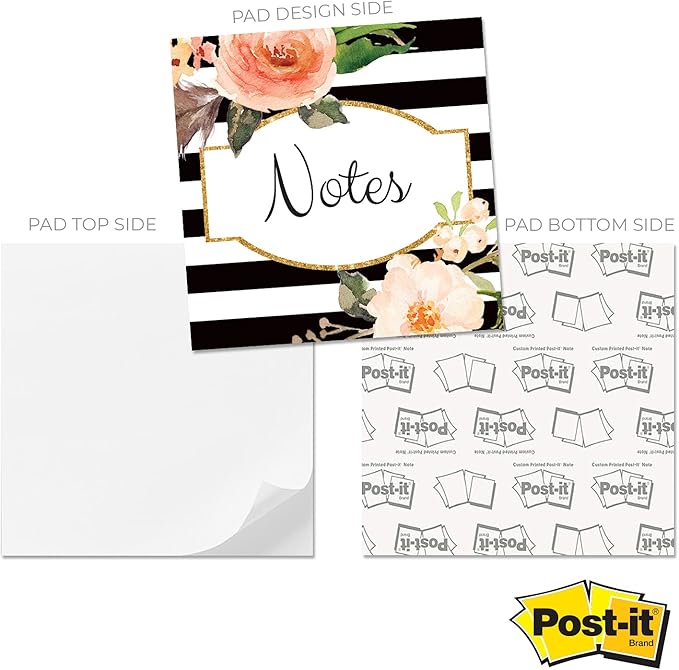 Black and White Floral Sticky Note Cube / 2.75" Memo Block Printed On 4 Sides/Modern Floral Stripe Design/Made in The USA