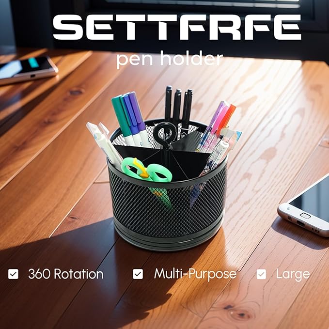 SETTFRFE Rotating Pen Holder for Desk,Supplies Organizer pencil Caddy,6 Compartments Desk Organizer,Black (Metal Mesh Style)