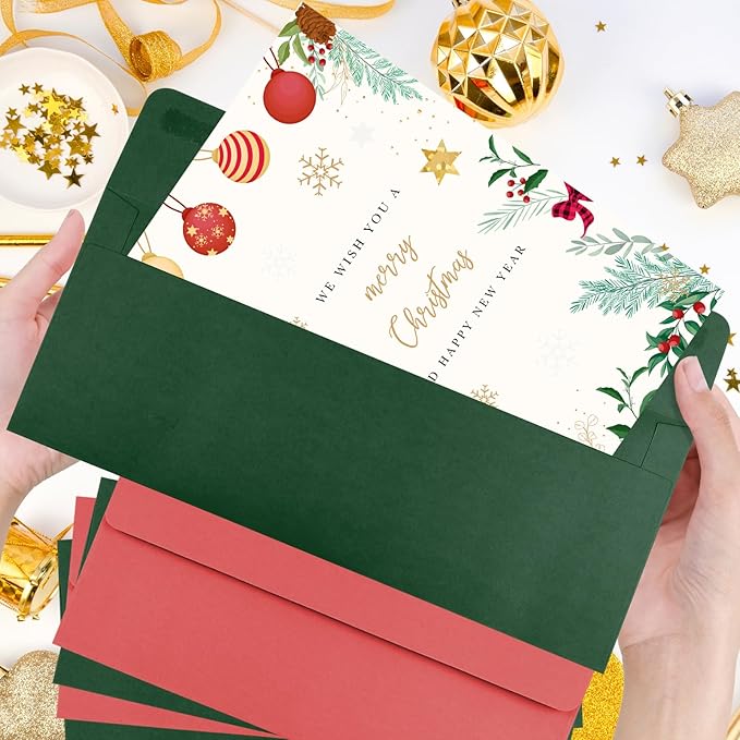 100 Pack Christmas Red and Dark Green #10 Business Envelopes, Standard Envelopes Self Seal, 4 1/8 x 9 1/2 Inch Letter Size Business Mailing Envelopes for Baby Shower Wedding Birthday