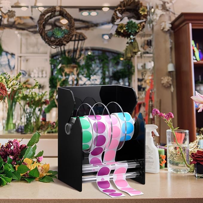 Geosar Adjustable Label Dispenser 4 Disks Sticker Roll Holder Sticker Dispenser Black Label Roll Holder Acrylic Sticker Holder Organizer Desk Tape Dispenser Label Stand for Office Home Desktop