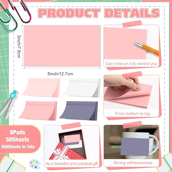 Fainne 8 Pack Sticky Notes Bulk Back to School Supplies Self Stick Note Pads Paper Memo for Office First Day of School Student Teacher Essentials (3 x 5 Inch,Mixed Color)