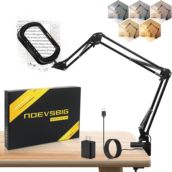 Magnifying Glass with Light Square Magnifier Desk Lamp 10X Close Up Work for Desktop Bench Crafting, Reading, Sewing, Ultra Long Swing Arm 3-Section, 5 Color Modes Design Rectangle Head Controller