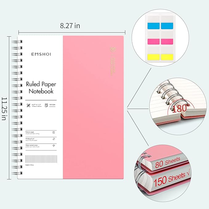 EMSHOI A4 Spiral Notebook College Ruled Lined Journal, 11.2" x 8.27", 300 Pages, 100gsm Thick Paper, Waterproof Softcover, Twin-Wire Binding, Sticky Notes, Pink