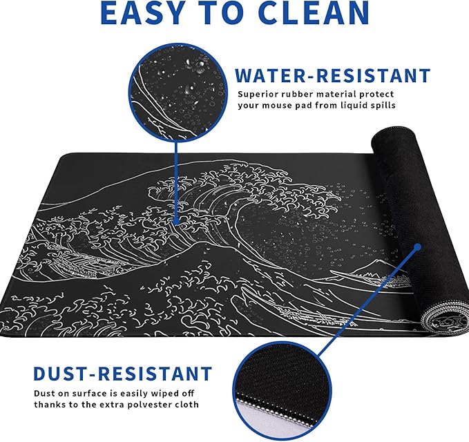 Japanese Gaming Mouse Pad Abstract Black Mouse Pad 31.5x11.8 Inch Black Sea Wave Texture Non-Slip Rubber Base Large Ocean Mousepad Stitched Edges Keyboard Mouse Mat Desk Pad for Office and Home