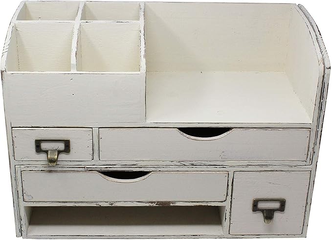 Executive Office Solutions Large Adjustable Wooden Office Desk Organizer For Desktop, Tabletop, or Counter – Wood Storage Shelf Rack – For Office Supplies, Desk Accessories, or Mail - White