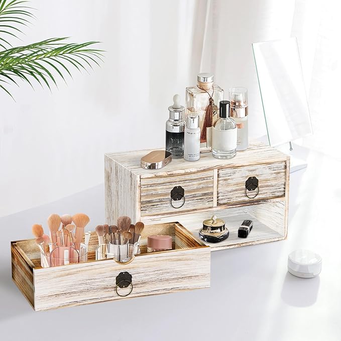 Vintage Wood Desk Organizer, Small Desk Organizer with Drawers, Tabletop Storage Organization Box for Office Home Toiletries Supplies, No Assembly Required (3 Drawer)