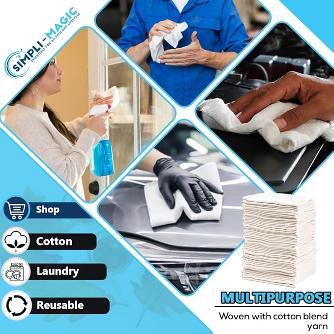 SIMPLI-MAGIC Cotton Shop Towels 14"x12" (150 Pack) – Reusable Cleaning Shop Rags for Automobiles, Industries, Garage and Homes (White)