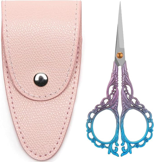 4.7-Inch Sharp Stainless Steel Sewing & Embroidery Scissors with Cover, Portable Travel Pouch, Pointed Tip for Craft Art Work, Crochet, Mini Scissors – Pink Blue