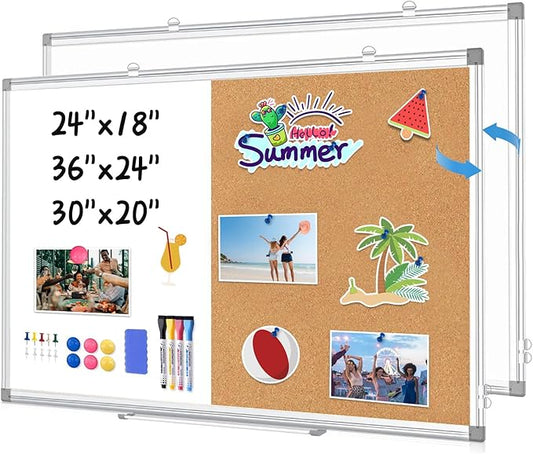 WALGLASS Combination Magnetic Whiteboard & Corkboard, 36"x24" Combo for School, Office & Home, Dry Erase Board with Removable Tray, Pins, Eraser, Markers & Magnets