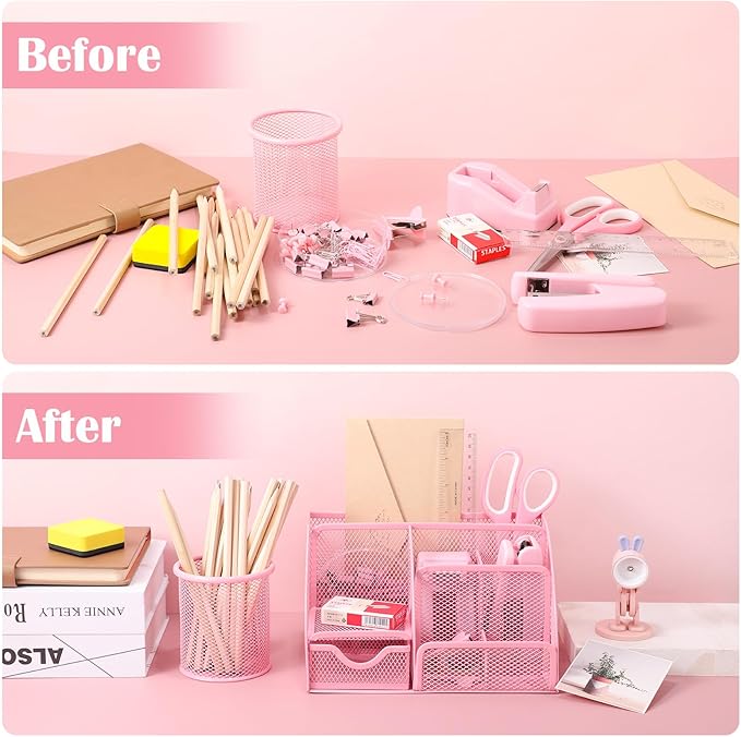 Pink Desk Organizers and Accessories, Pink Office Supplies Include Mesh Desk Organizer, Tape Dispenser, Stapler, 1000 Staples, Staple Remover, Pen Holder, Clips Set, Ruler, Scissors