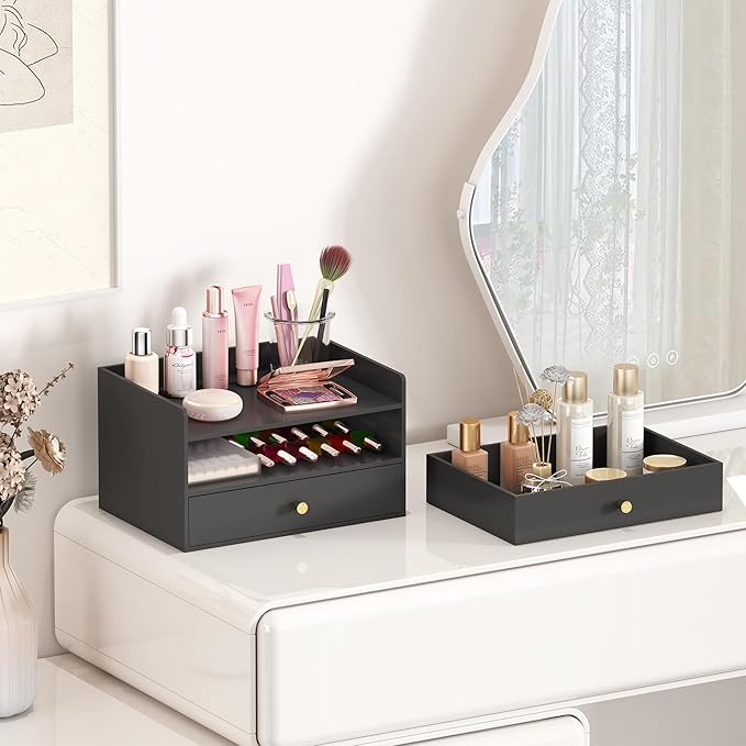 Bamboo Desk Organizer with Drawers Wooden Desktop Storage Drawers for Bills Office Supplies Kitchen Utensils Organizing Tool for Home Classroom Organization No Assembly (2 Drawers, Black)