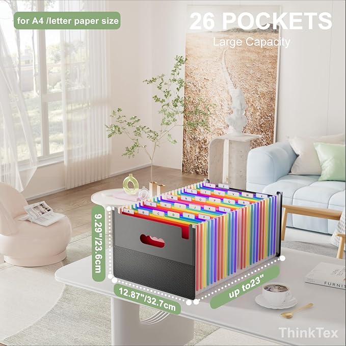 ThinkTex 26 Pockets Expanding File Folder, Upright & Coverless, A-Z Colorful Tabs, Larger Capacity Accordion Folder, Letter/A4 Size for School, Home and Office