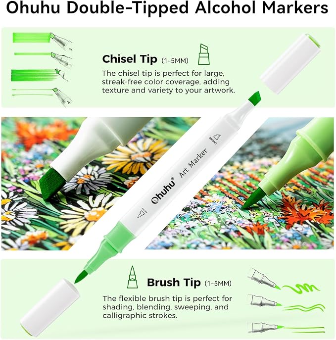 Ohuhu Brush Markers Alcohol Based: Double Tipped Art Sketch Drawing Marker for Artists Adults Beginners Coloring Landscape Architectural Design - Brush& Chisel - 48-color w/Marker Storage Case