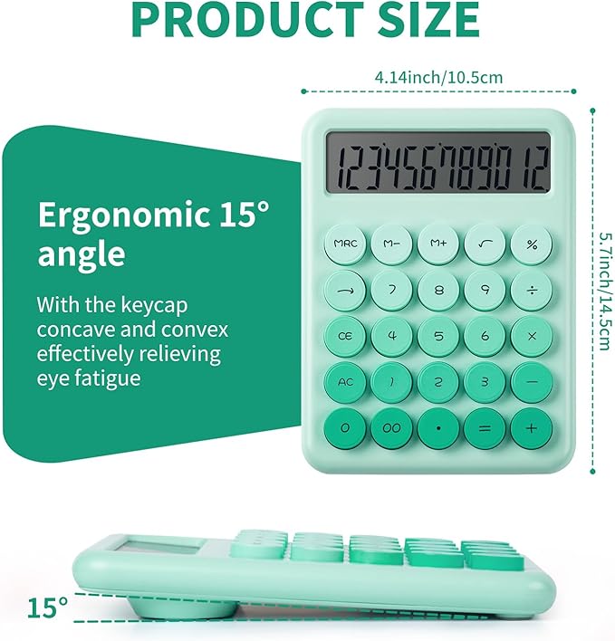 Desk Cute Green Calculator with Big Buttons, Calculators Desktop, 12 Digit with Large LCD Display, Basic Standard Calculator,Mechanical Switch Aesthetic Calculators Office Supplies for Home and School
