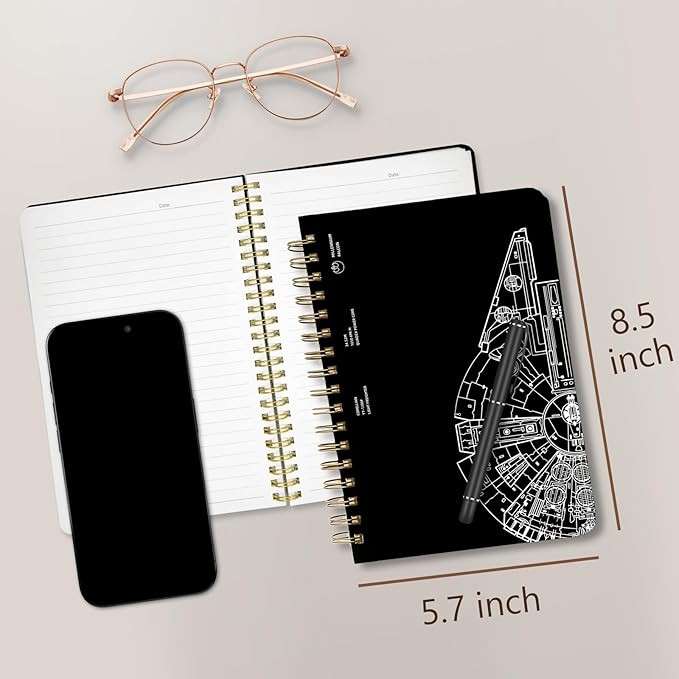 Cute Spiral Notebook journal A5 Aesthetic Pretty Floral Design for Women Girls Kawaii with Pocket, 8.5 x 5.7 inch, Black Gear