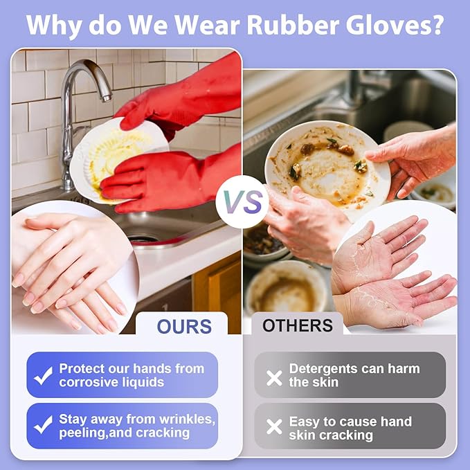 Rubber Kitchen Dishwashing Gloves - 4 Pairs Colorful Reusable Cleaning Gloves for Kitchen Washing Dishes and Household Cleaning(Large, Blue+Pink+Yellow+Red)