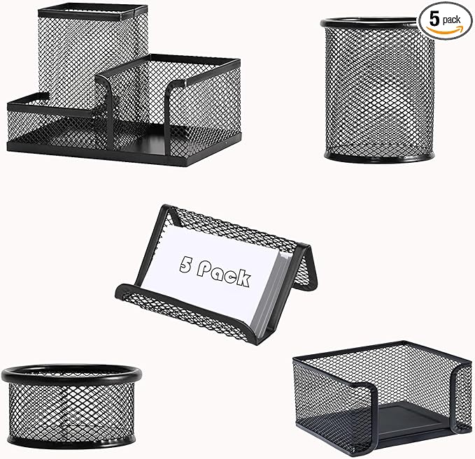 Desk Organizers and Accessories Set, Mesh Pen Holder,Office School Home Desktop Supplies for Clip Phone Sticky Notes,Mail, Caddy Storage Baskets(Black,5 Piece Set)
