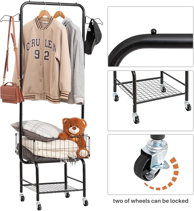 ALIMORDEN Laundry Cart with Clothes Rack, Cart with Extra Hanging Bar, Rolling Laundry Butler with Wire Storage Rack，Black