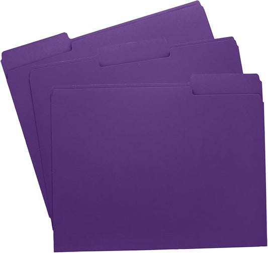 Purple File Folders, 1/3-Cut Tabs, Letter Size, 12-Pack – Durable Office Filing Folders for Documents, Papers, and Organization