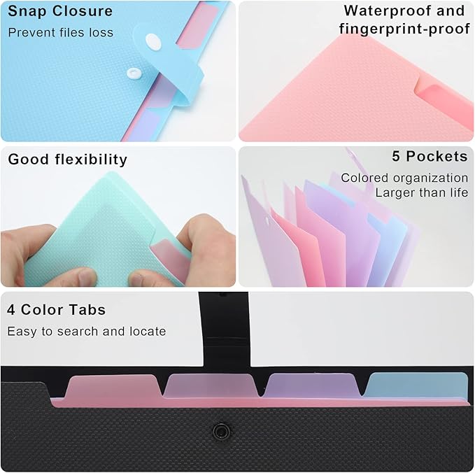 NAFY Colorful Expanding File Folder, 5 Pockets Folder with Colored Labels Portable Weave Pattern Accordion File Folder A4 Letter Size Project Organizer Document Folder for Office School (5 Color Mix)
