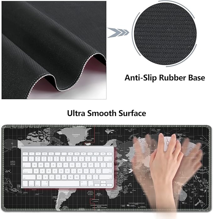 AIMSA Large Gaming Mouse Pad Set, Keyboard Wrist Rest Support Mouse Pad, Ergonomic Memory Foam Multifunctional Extended Desk Mat 35x15.7in Anti-Slip Rubber Base for Office Home, Black World Map